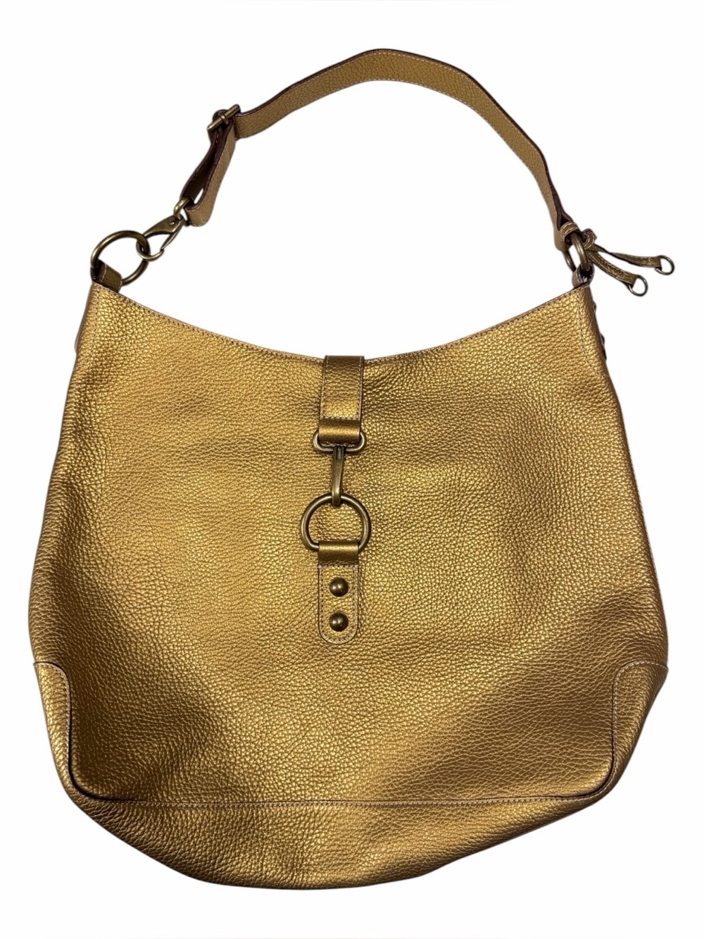 Gold Leather Hobo Shoulder Bag With Brass Accents